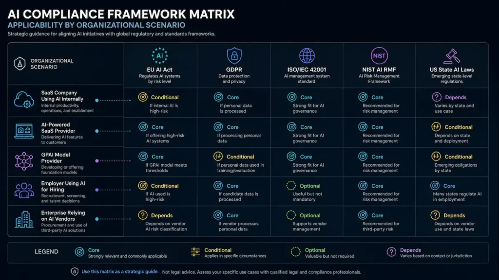 AI compliance framework matrix comparing EU AI Act, GDPR, ISO 42001, NIST AI RMF and US state laws