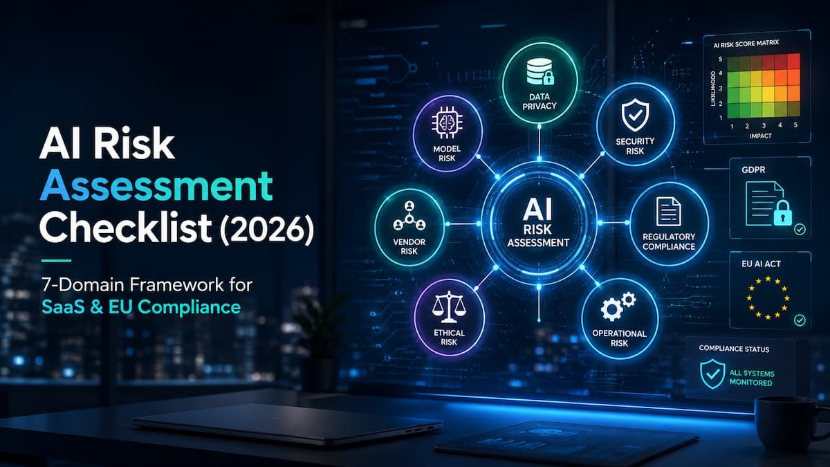 AI Risk Assessment Checklist 2026 enterprise framework showing seven AI governance domains including privacy, security, compliance, model risk, operational, ethical, and vendor risk.