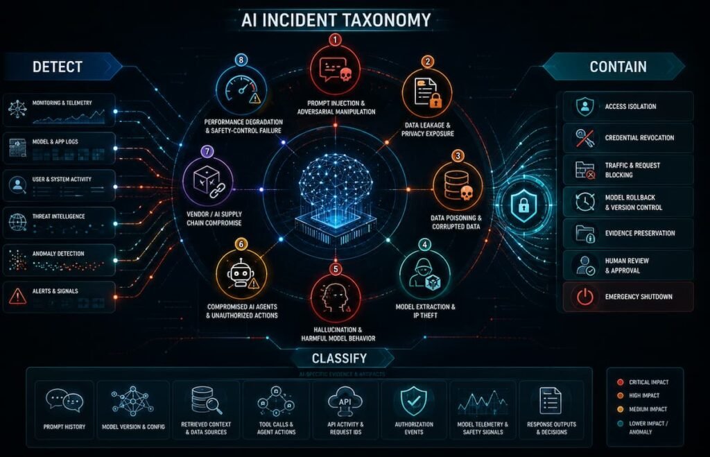 AI incident taxonomy showing eight AI incident categories and containment actions