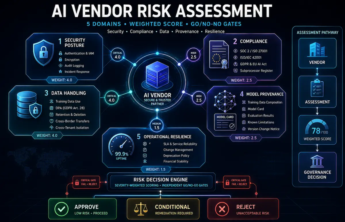 AI vendor risk assessment framework showing five assessment domains, weighted scoring, and go/no-go approval gates