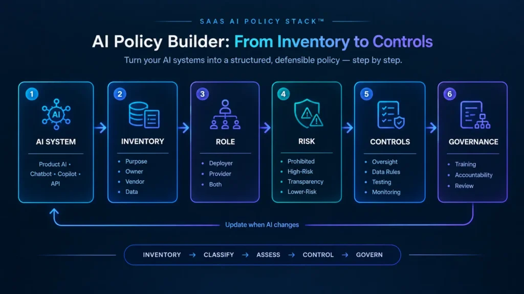 AI policy builder workflow from AI inventory and role classification to risk controls and governance